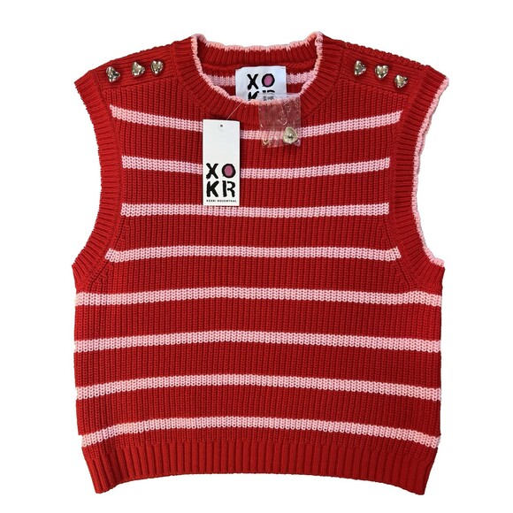 Kerri Rosenthal womens Heart Applique Sweater Vest size Small Red Pink Striped - Picture 1 of 5